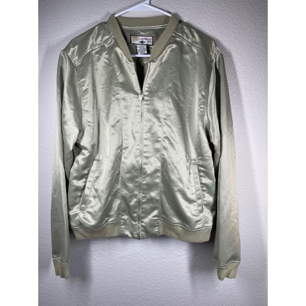 Caribbean Joe Womens Sz large Satin Bomber Jacket Lightweight Zip Front